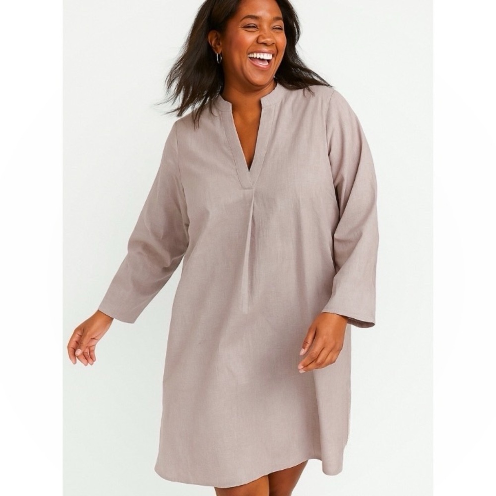 MINIMALIST Neutral Tunic Dress Large Split Neck Cotton Linenlike Earthy Chic